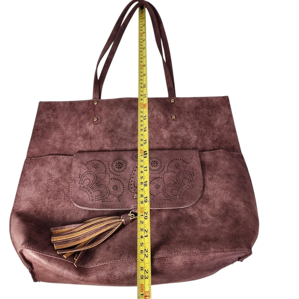 Vegan Leather Tote Bag With Tassel And Gold Trim Large Burgundy